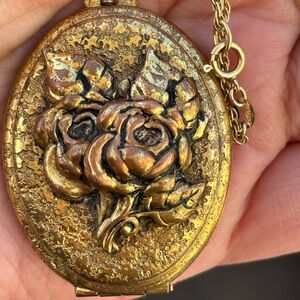 Antique Gold Filled Floral Locket Necklace w/ Raised Rose